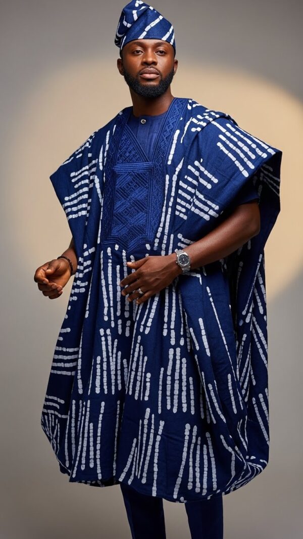 Adire Agbada with bold white resist patterns